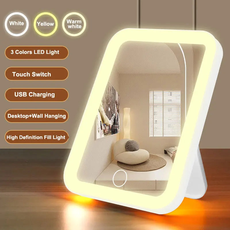 Espejo de Maquillaje LED 3 Colores – Pantalla Táctil y Recargable por USB