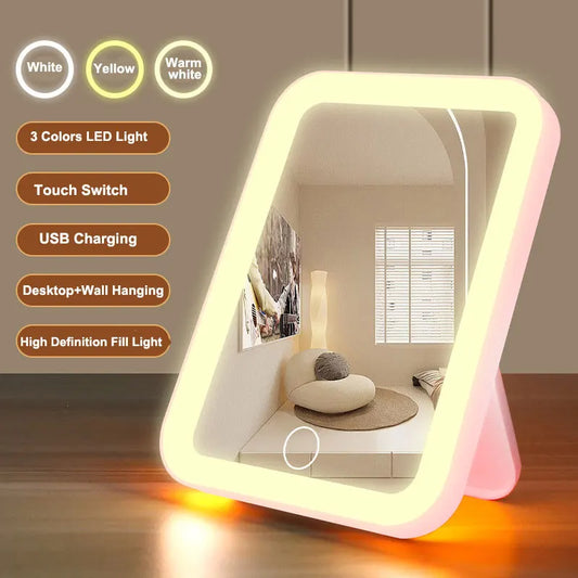 Espejo de Maquillaje LED 3 Colores – Pantalla Táctil y Recargable por USB