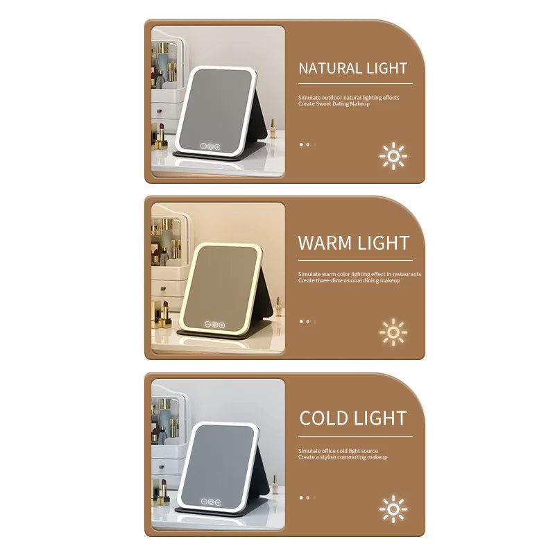 Espejo de Maquillaje LED Regulable – 3 Modos de Luz y Recargable por USB